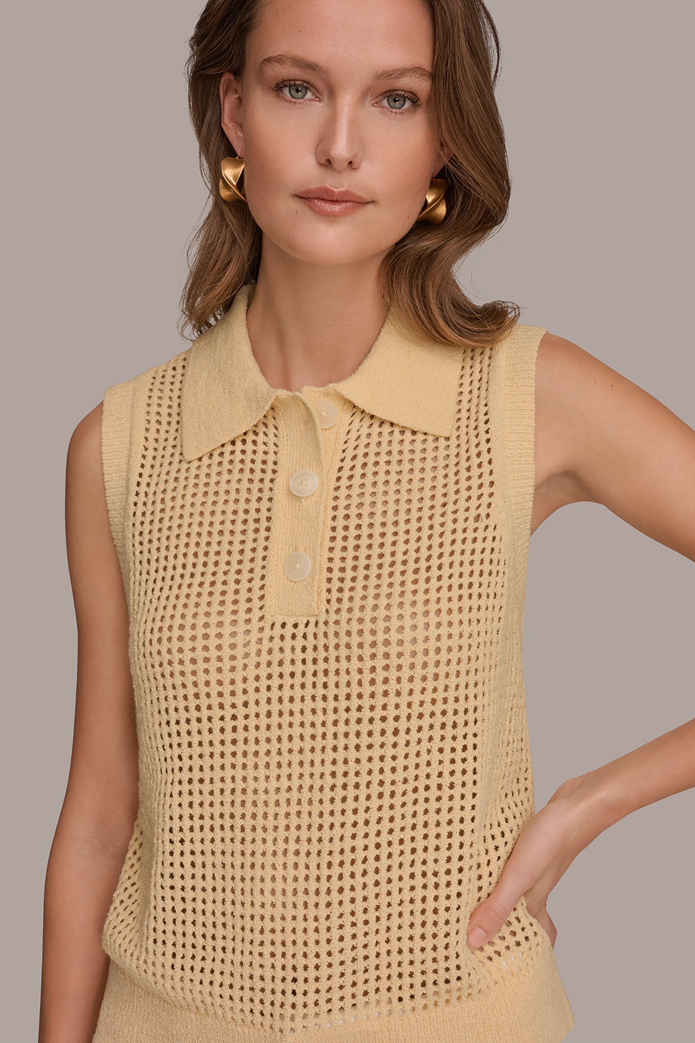Donna Karan | SLEEVELESS OPEN STITCH POLO SWEATER