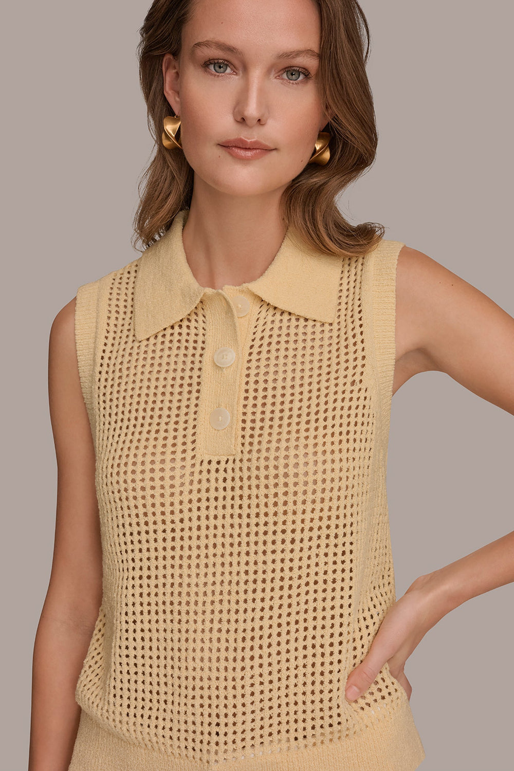 Donna Karan | SLEEVELESS OPEN STITCH POLO SWEATER