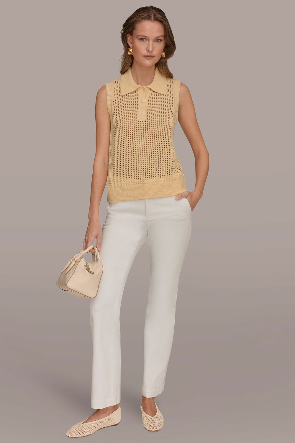 Donna Karan | SLEEVELESS OPEN STITCH POLO SWEATER