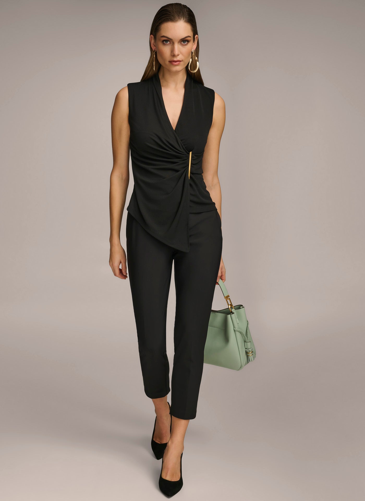 Donna Karan | V NECK TOP WITH HARDWARE AND RUCHED DETAIL