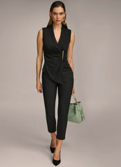 Donna Karan | V NECK TOP WITH HARDWARE AND RUCHED DETAIL