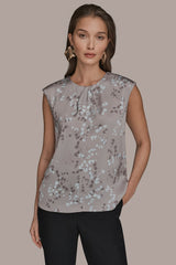Donna Karan | FLORAL CAP SLEEVE TWIST BLOUSE