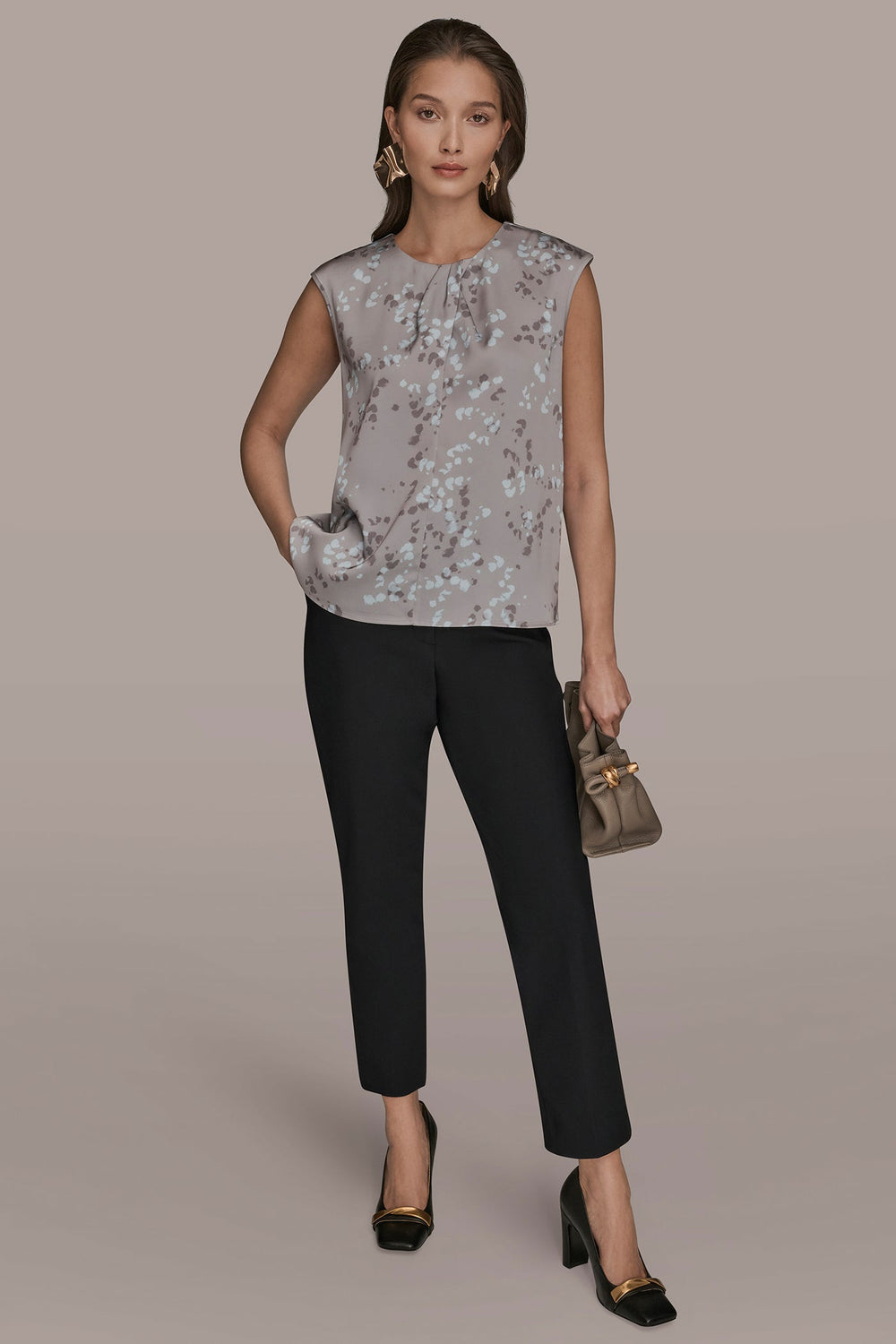 Donna Karan | FLORAL CAP SLEEVE TWIST BLOUSE