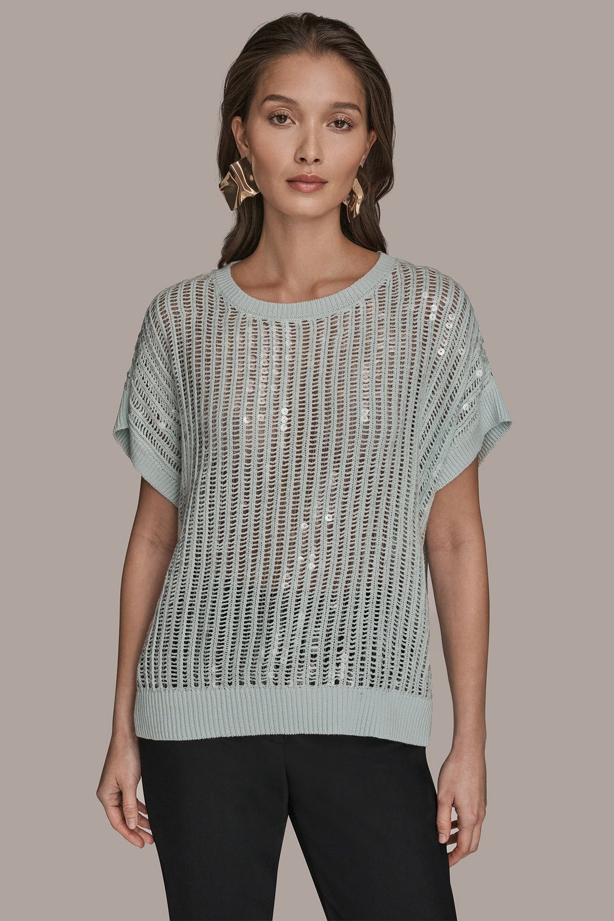 Donna Karan | COTTON-BLEND SEQUIN OPEN-KNIT SWEATER