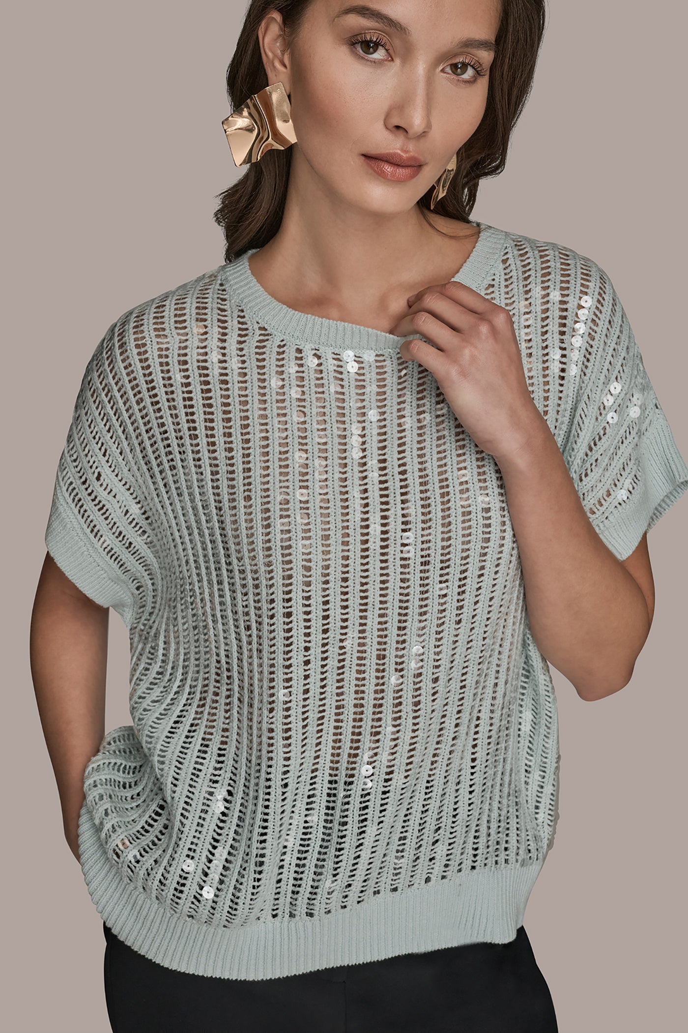 Donna Karan | COTTON-BLEND SEQUIN OPEN-KNIT SWEATER