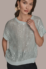 Donna Karan | COTTON-BLEND SEQUIN OPEN-KNIT SWEATER