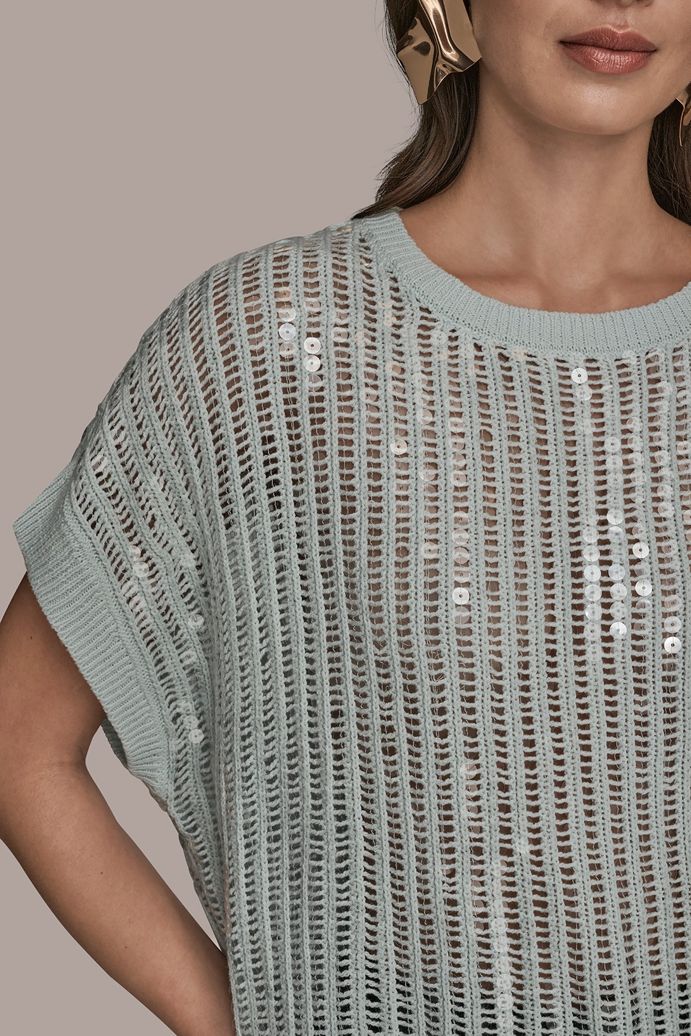 Donna Karan | COTTON-BLEND SEQUIN OPEN-KNIT SWEATER