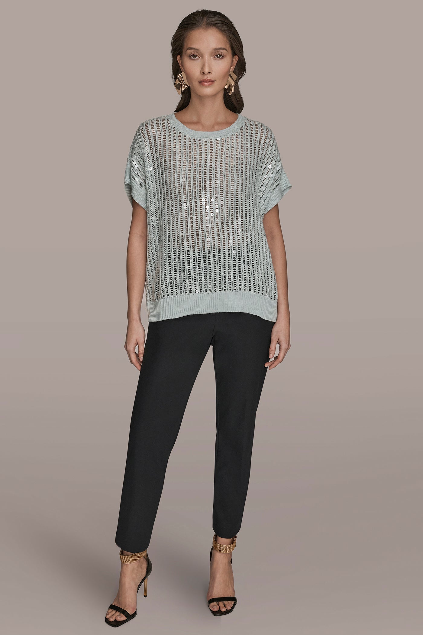 Donna Karan | COTTON-BLEND SEQUIN OPEN-KNIT SWEATER