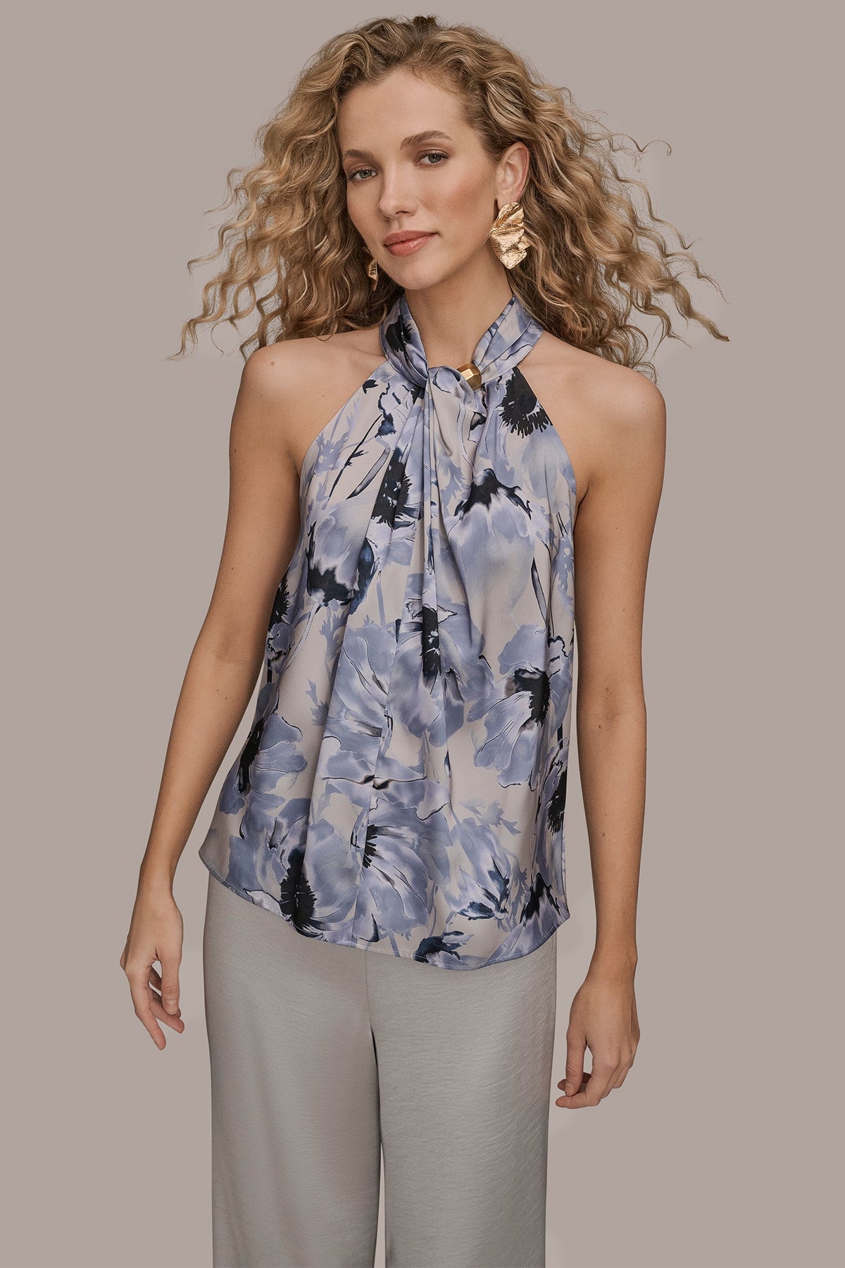 Donna Karan | SATIN PRINTED TWIST HALTER BLOUSE