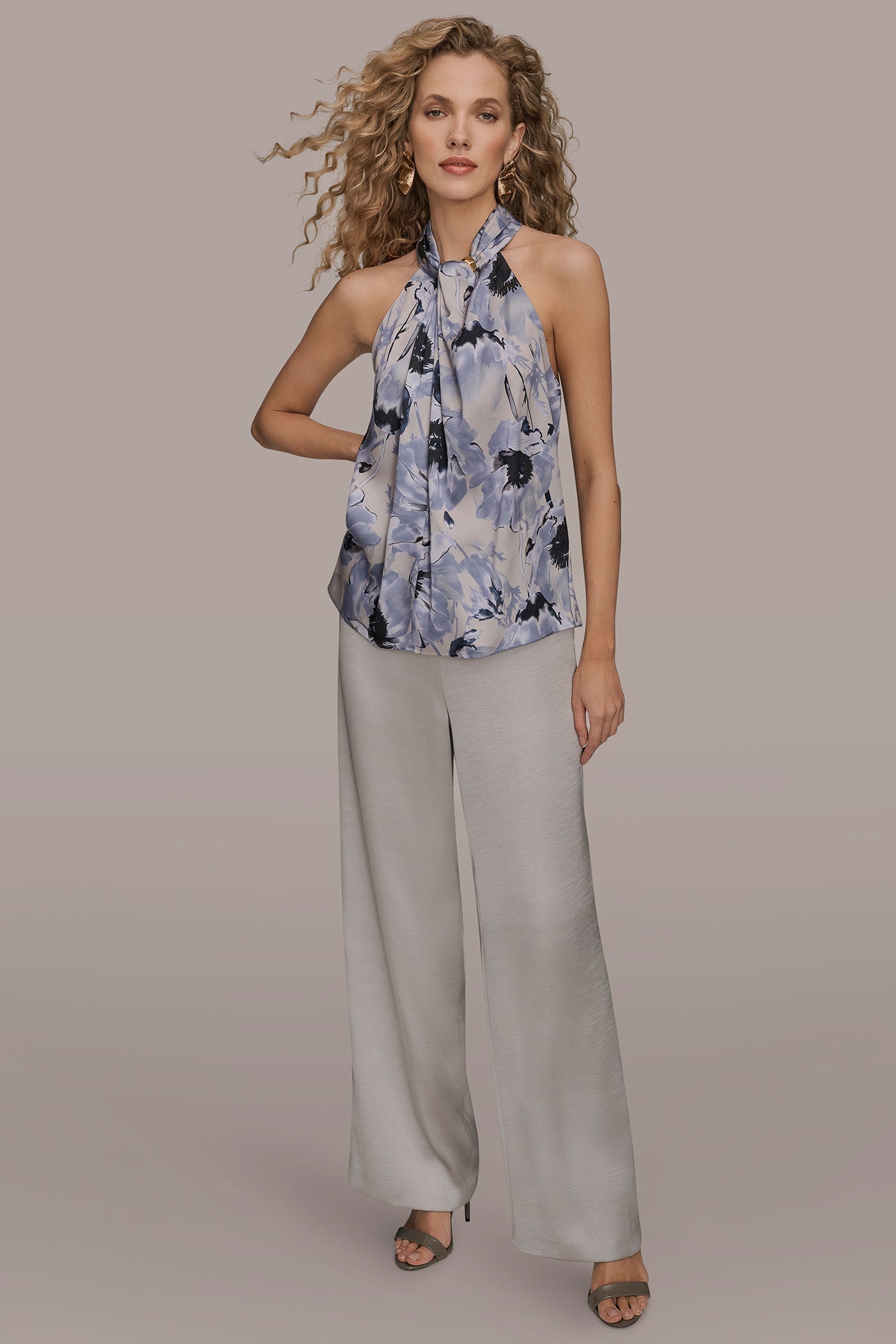 Donna Karan | SATIN PRINTED TWIST HALTER BLOUSE
