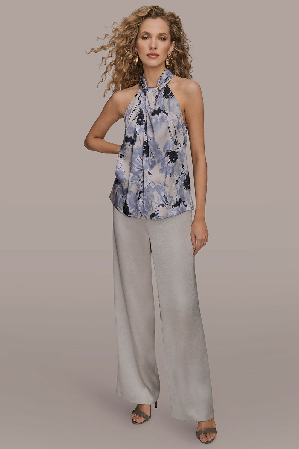 Donna Karan | SATIN PRINTED TWIST HALTER BLOUSE