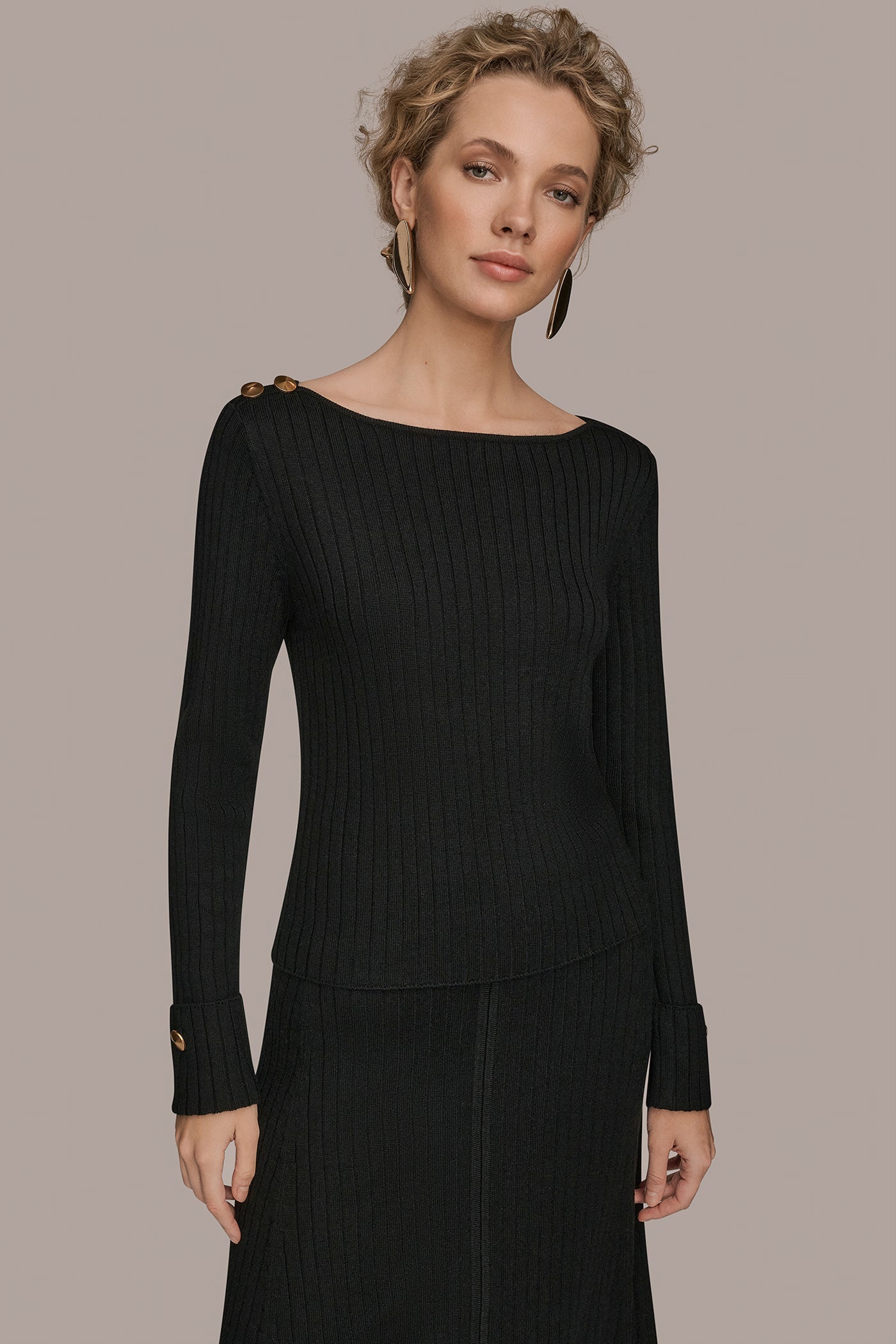 Donna Karan | LONG SLEEVE BOATNECK RIBBED BUTTON SWEATER
