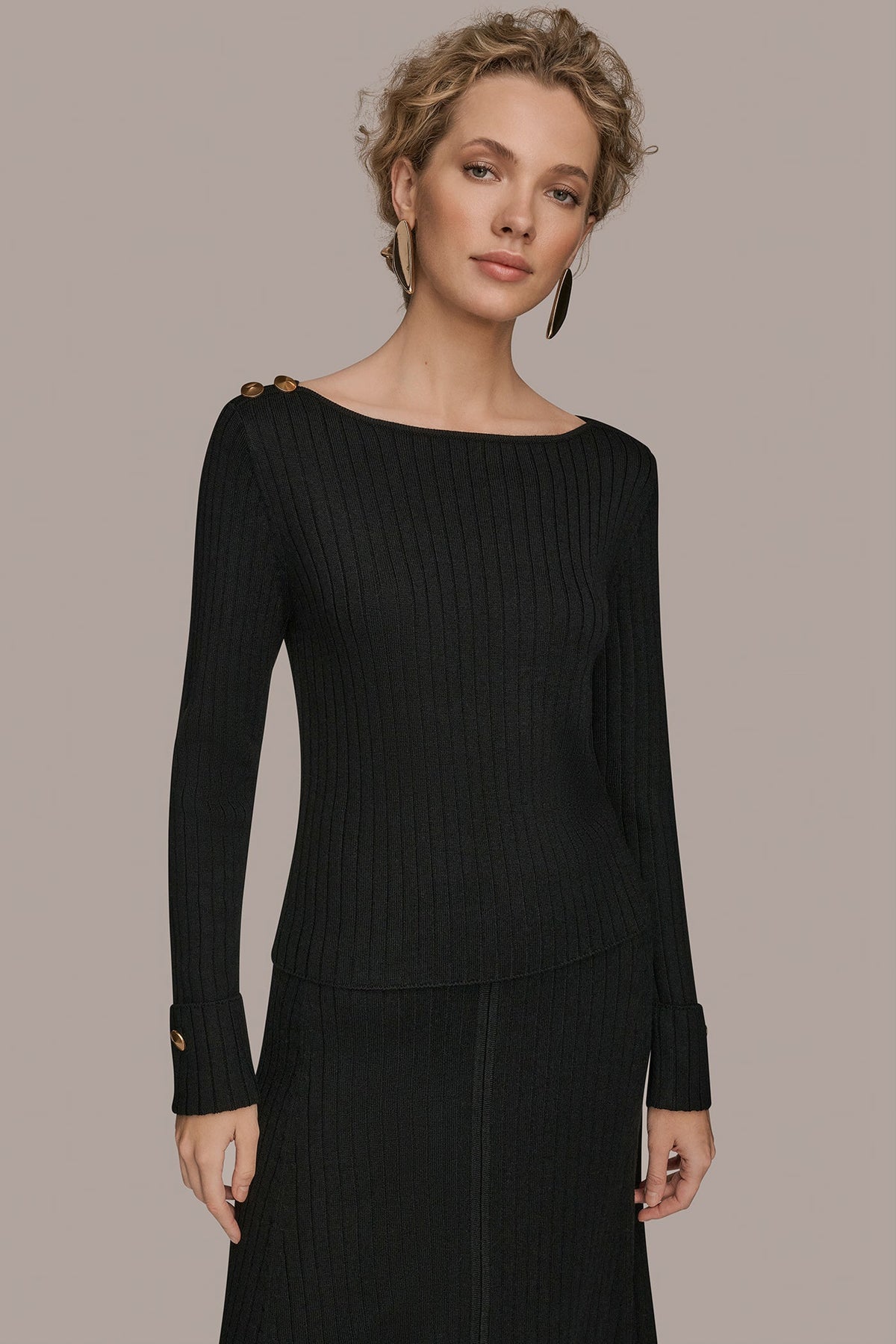 Donna Karan | LONG SLEEVE BOATNECK RIBBED BUTTON SWEATER