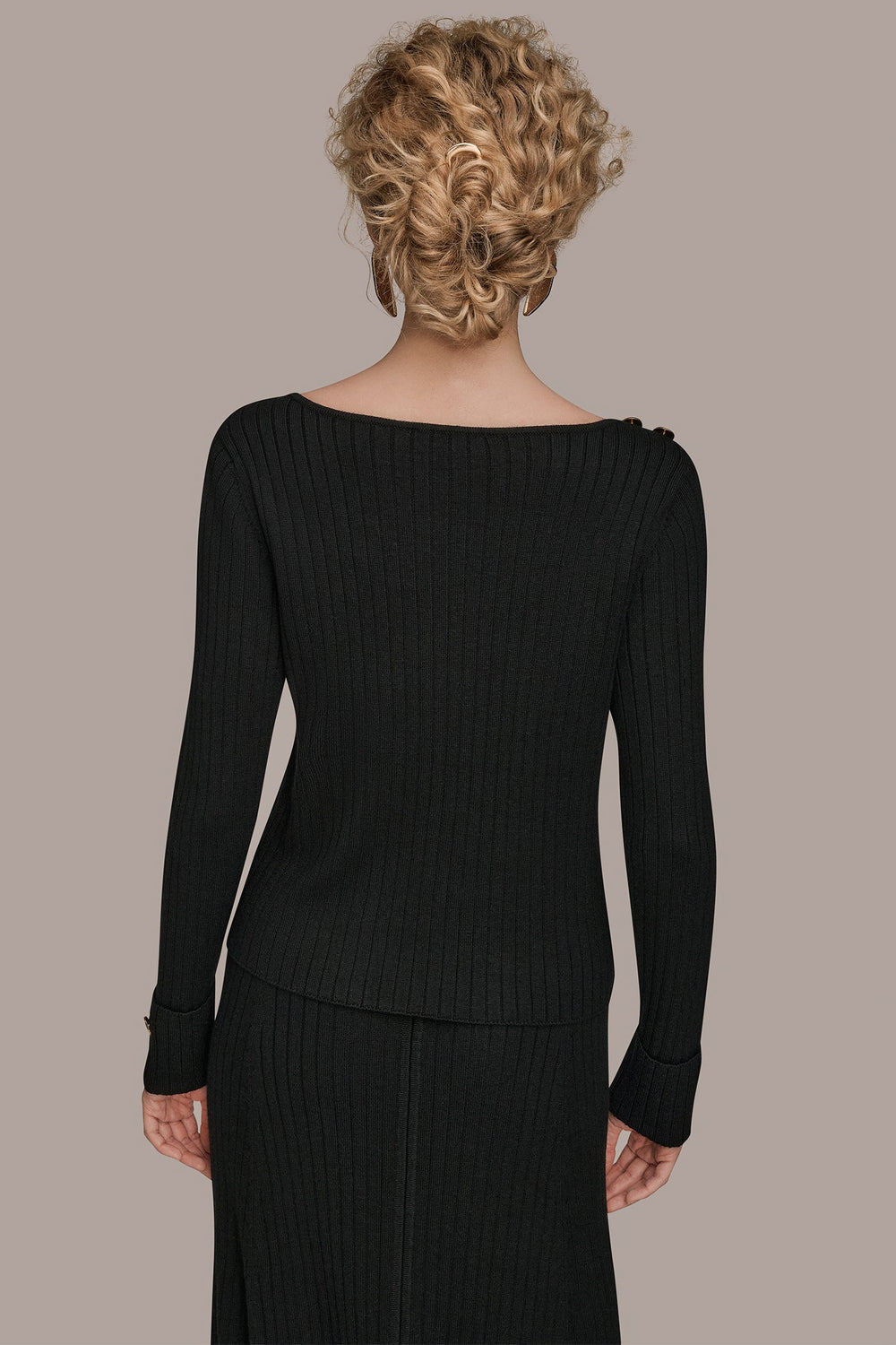 Donna Karan | LONG SLEEVE BOATNECK RIBBED BUTTON SWEATER