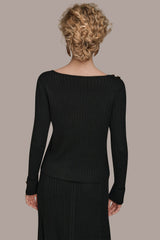 Donna Karan | LONG SLEEVE BOATNECK RIBBED BUTTON SWEATER