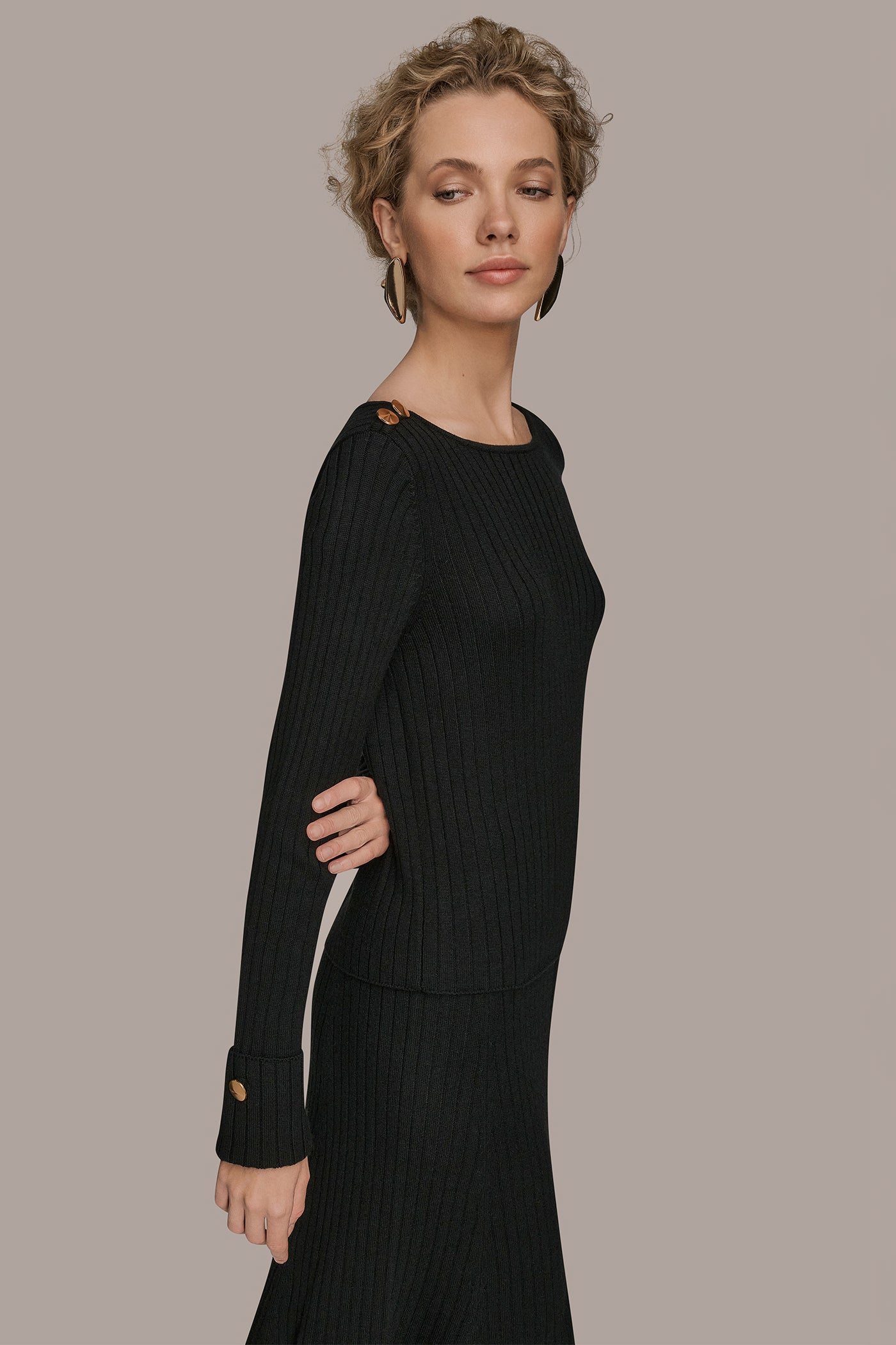Donna Karan | LONG SLEEVE BOATNECK RIBBED BUTTON SWEATER
