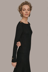 Donna Karan | LONG SLEEVE BOATNECK RIBBED BUTTON SWEATER