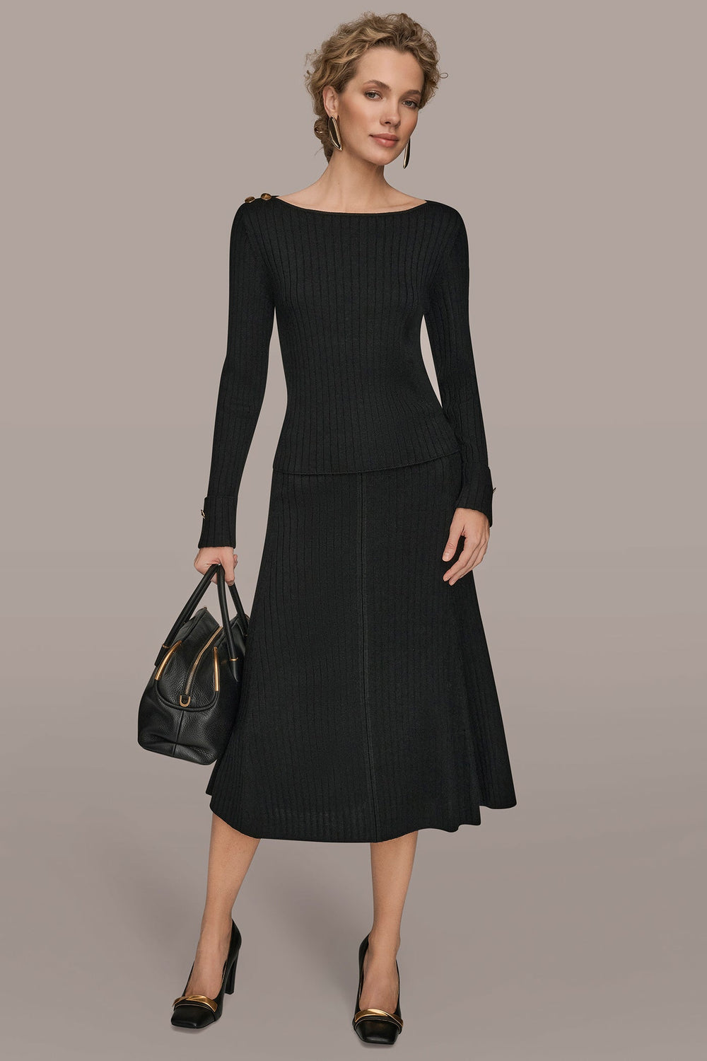 Donna Karan | LONG SLEEVE BOATNECK RIBBED BUTTON SWEATER