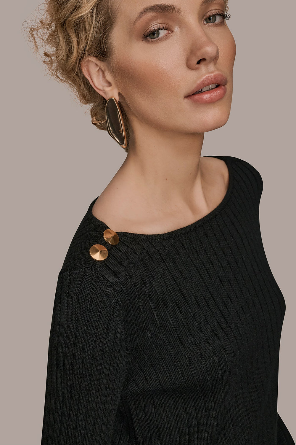 Donna Karan | LONG SLEEVE BOATNECK RIBBED BUTTON SWEATER