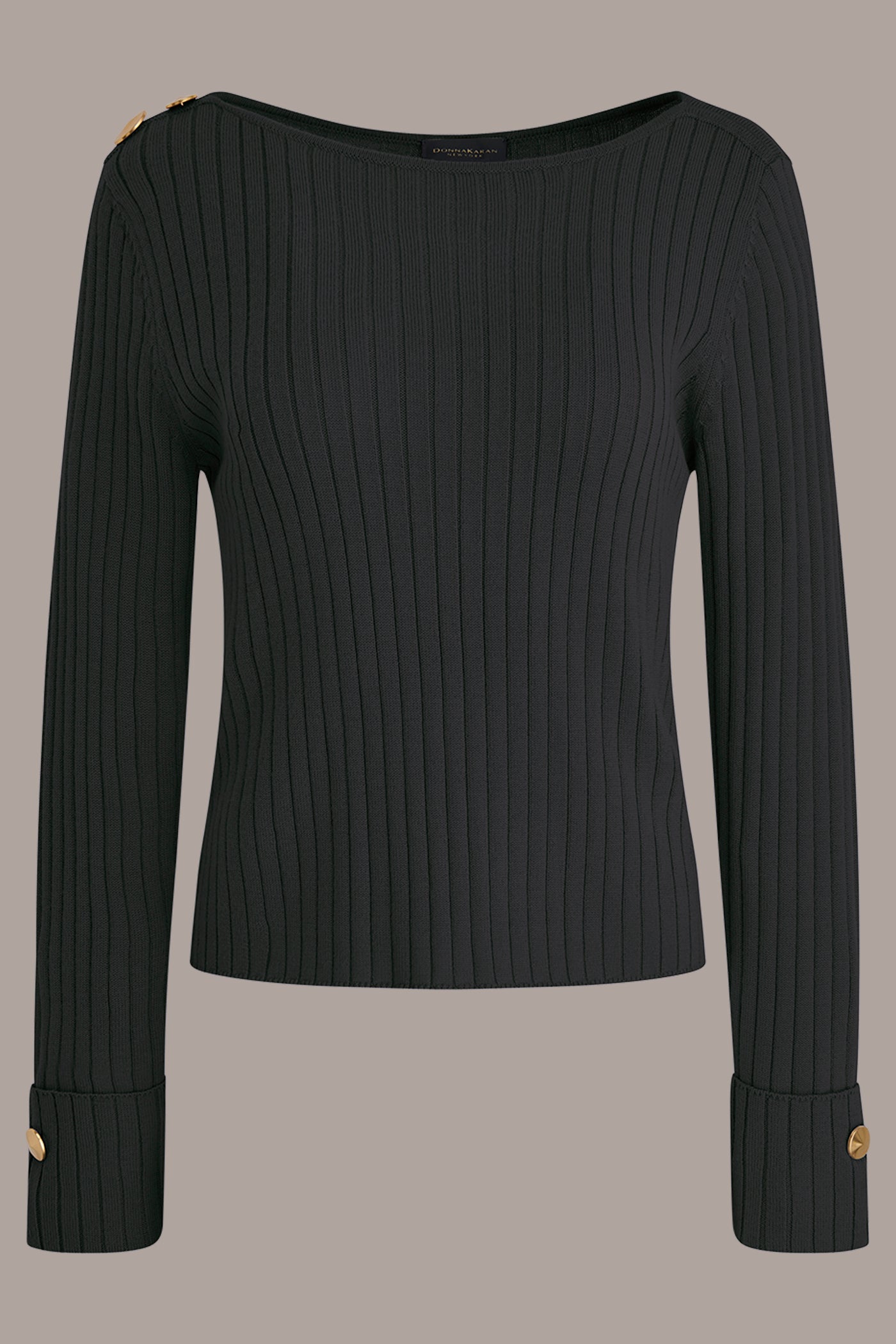 Donna Karan | LONG SLEEVE BOATNECK RIBBED BUTTON SWEATER