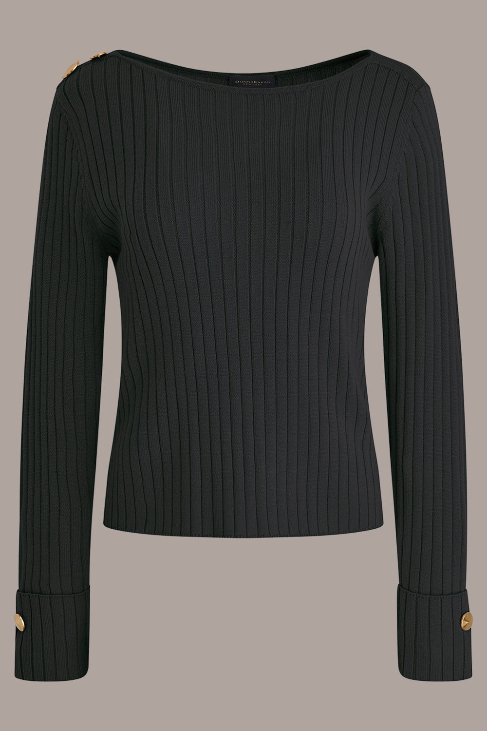 Donna Karan | LONG SLEEVE BOATNECK RIBBED BUTTON SWEATER