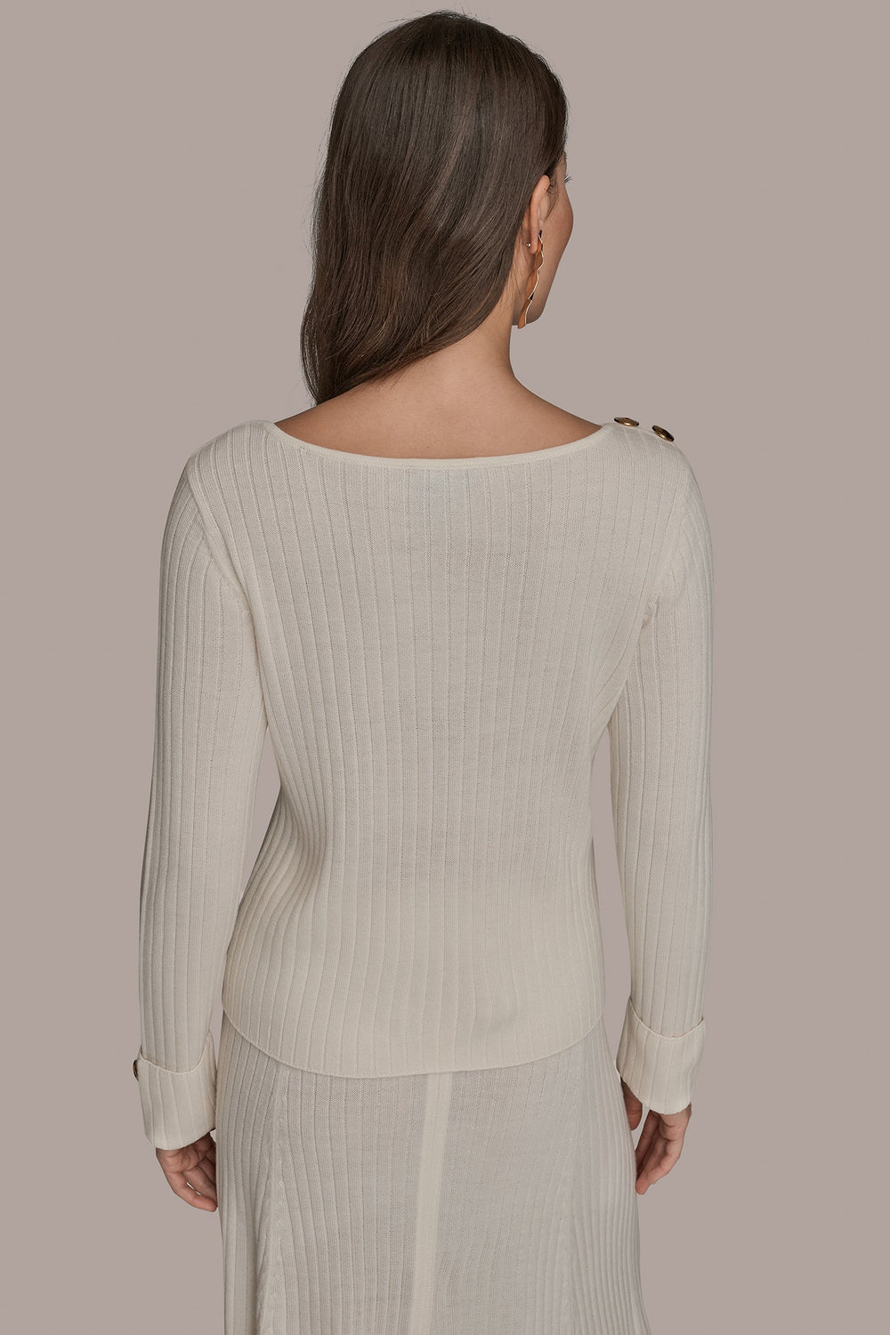Donna Karan | LONG SLEEVE BOATNECK RIBBED BUTTON SWEATER