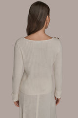 Donna Karan | LONG SLEEVE BOATNECK RIBBED BUTTON SWEATER
