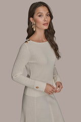 Donna Karan | LONG SLEEVE BOATNECK RIBBED BUTTON SWEATER