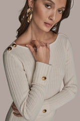 Donna Karan | LONG SLEEVE BOATNECK RIBBED BUTTON SWEATER