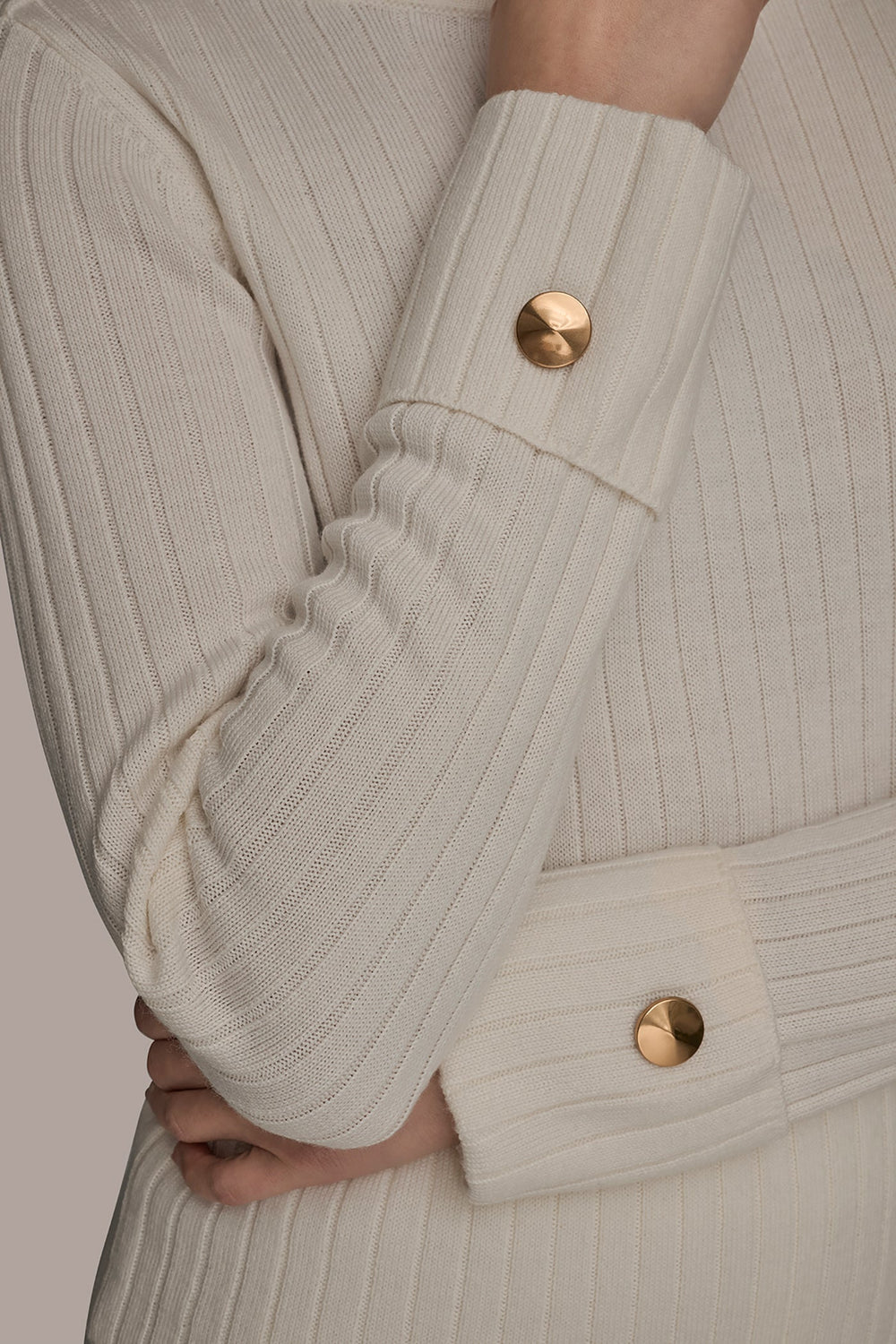 Donna Karan | LONG SLEEVE BOATNECK RIBBED BUTTON SWEATER