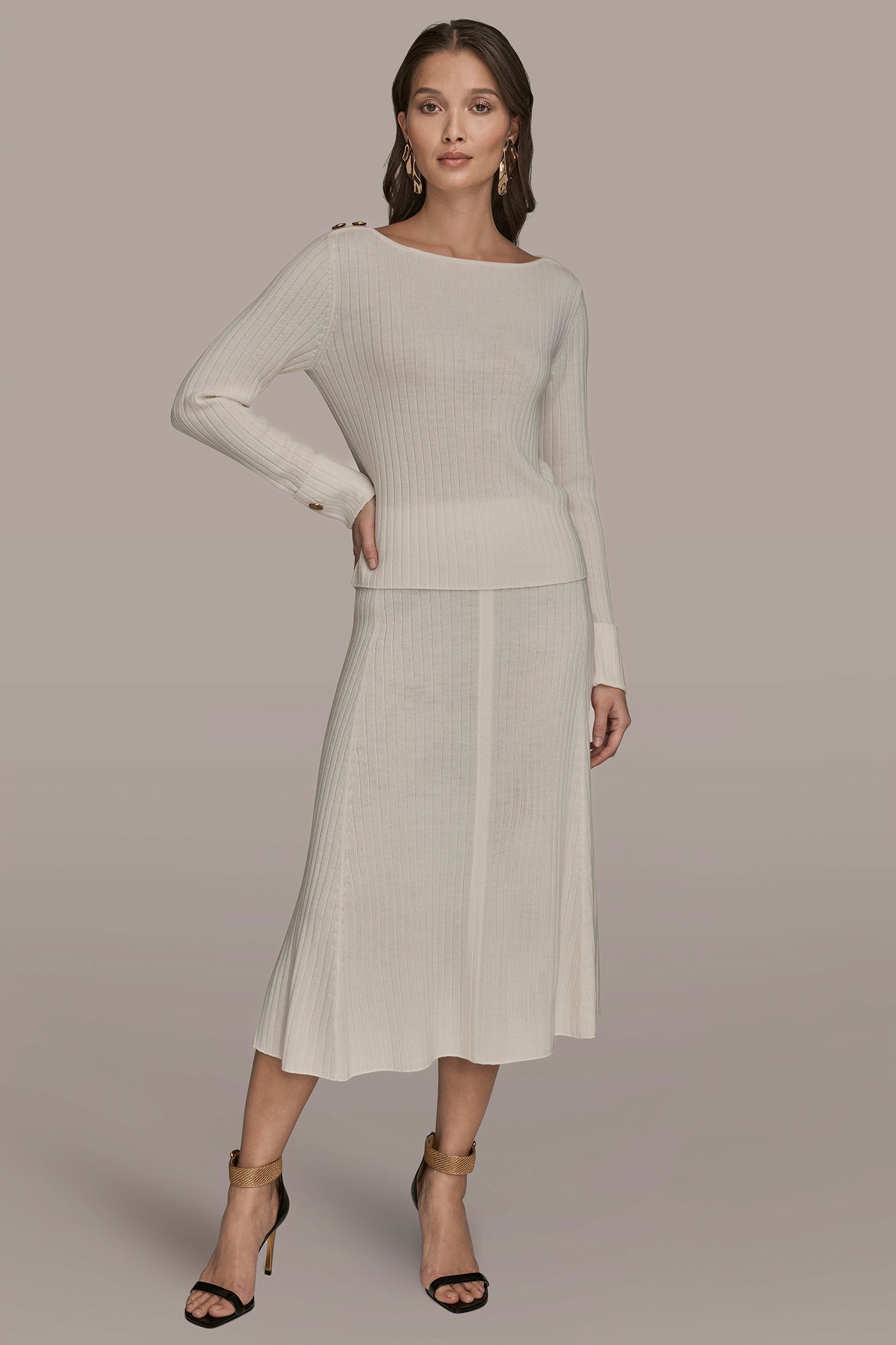 Donna Karan | LONG SLEEVE BOATNECK RIBBED BUTTON SWEATER