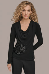 Donna Karan | LONG-SLEEVE COWL-NECK FLORAL TOP