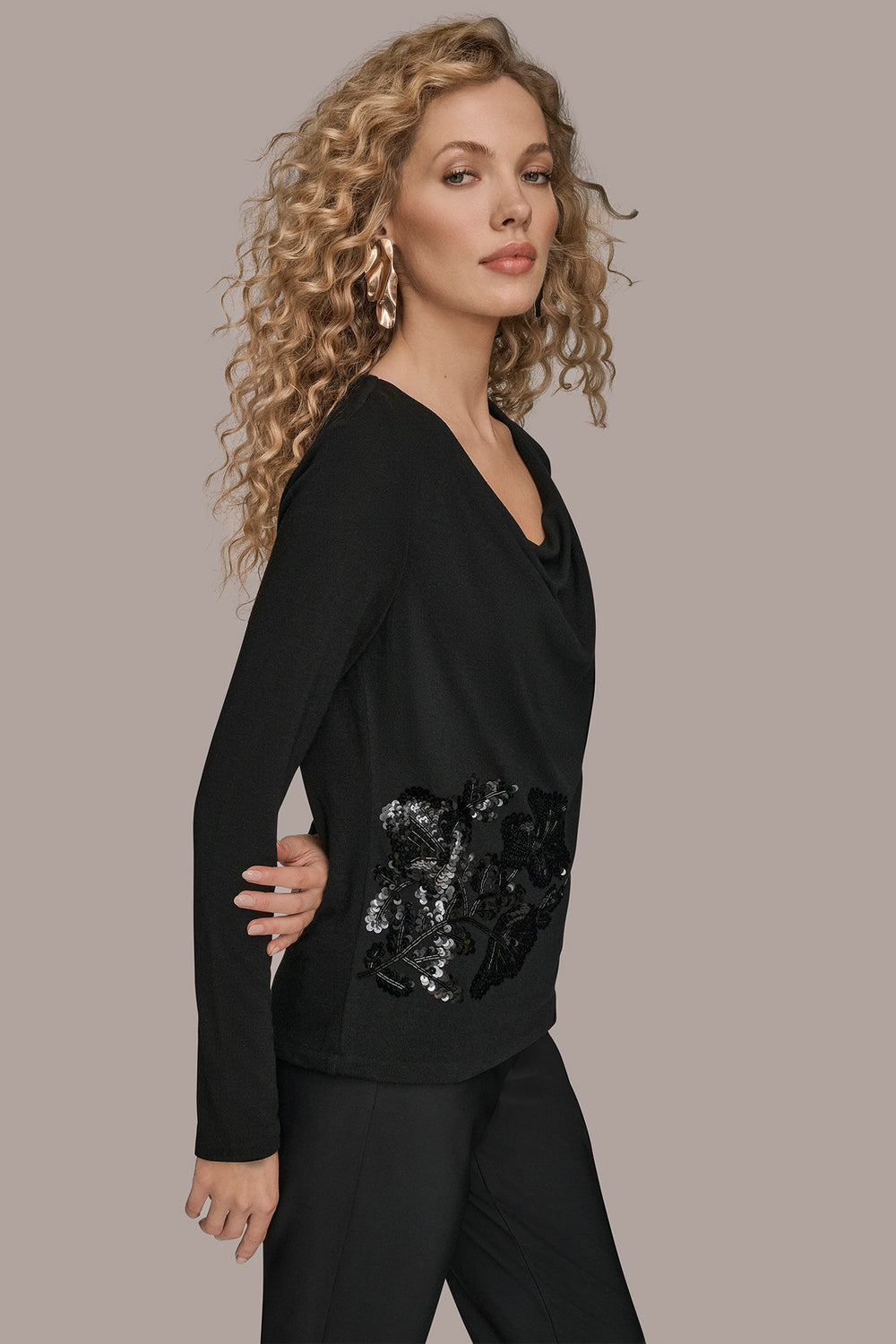 Donna Karan | LONG-SLEEVE COWL-NECK FLORAL TOP