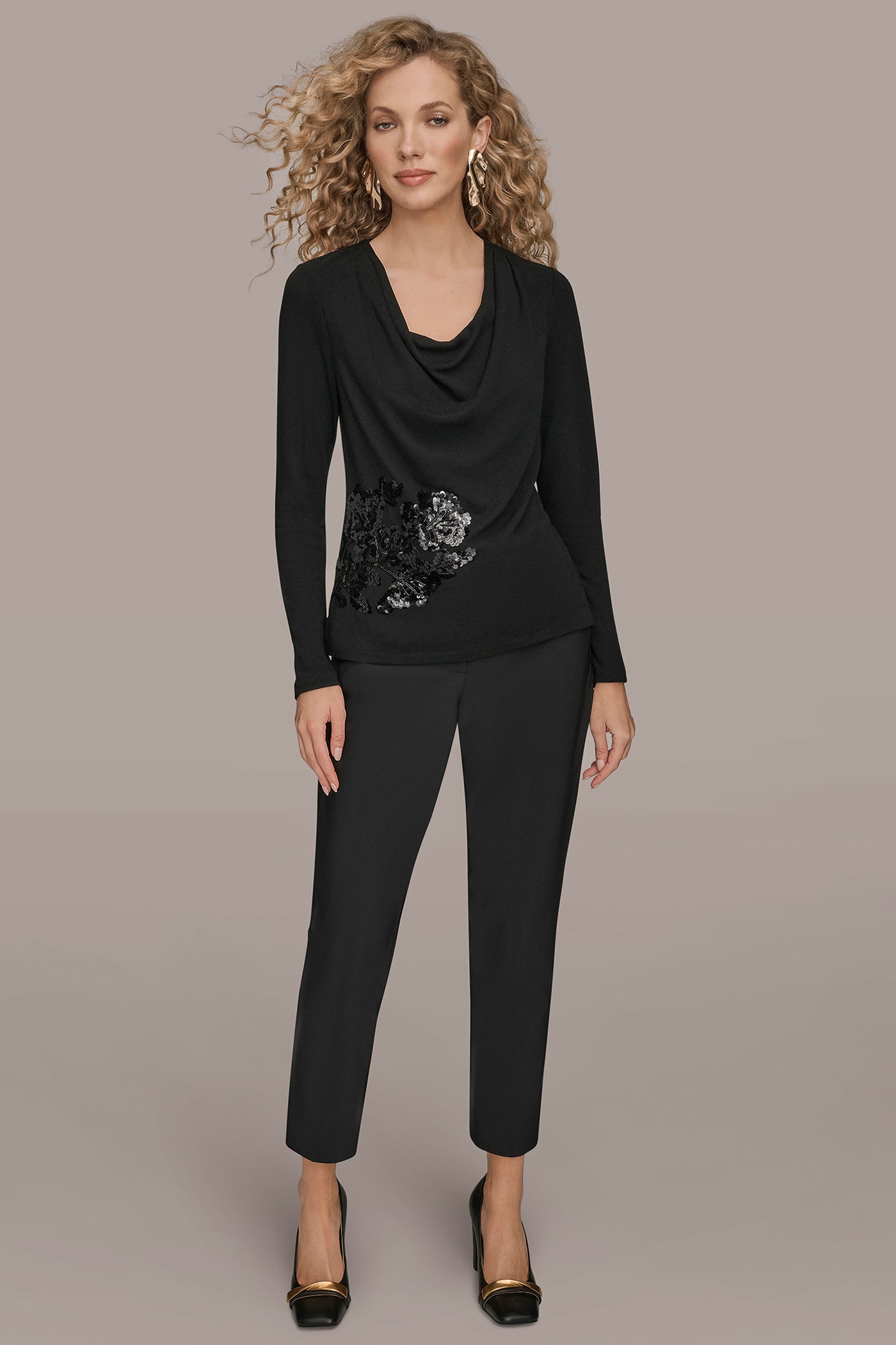 Donna Karan | LONG-SLEEVE COWL-NECK FLORAL TOP