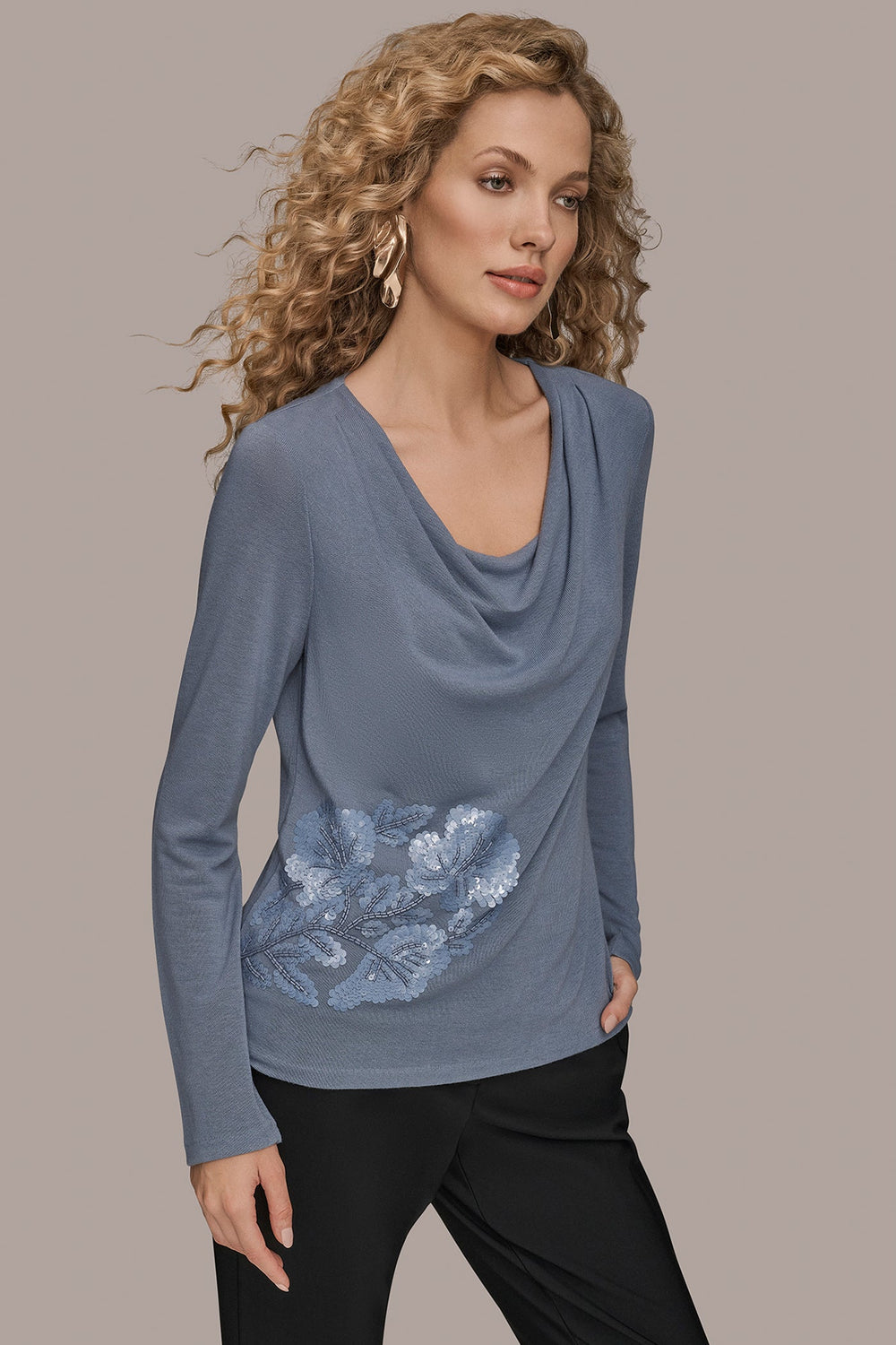Donna Karan | LONG-SLEEVE COWL-NECK FLORAL TOP