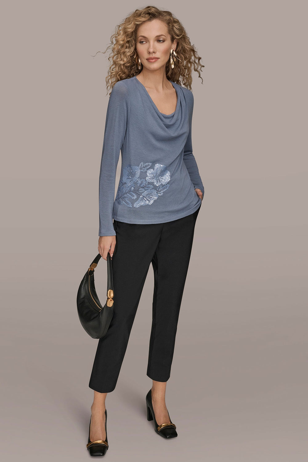 Donna Karan | LONG-SLEEVE COWL-NECK FLORAL TOP