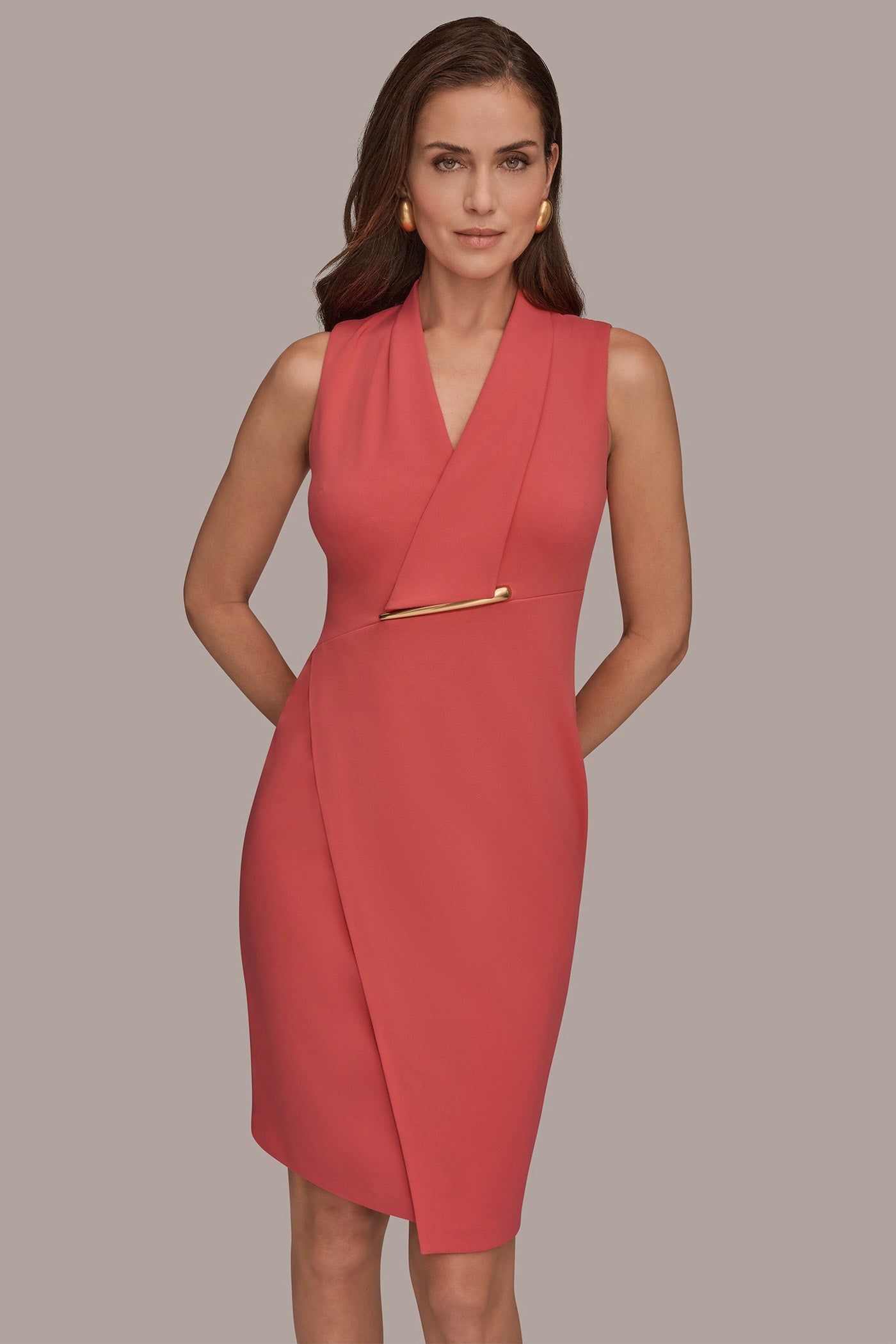 Donna Karan | SLEEVELESS WRAP V-NECK SHEATH DRESS