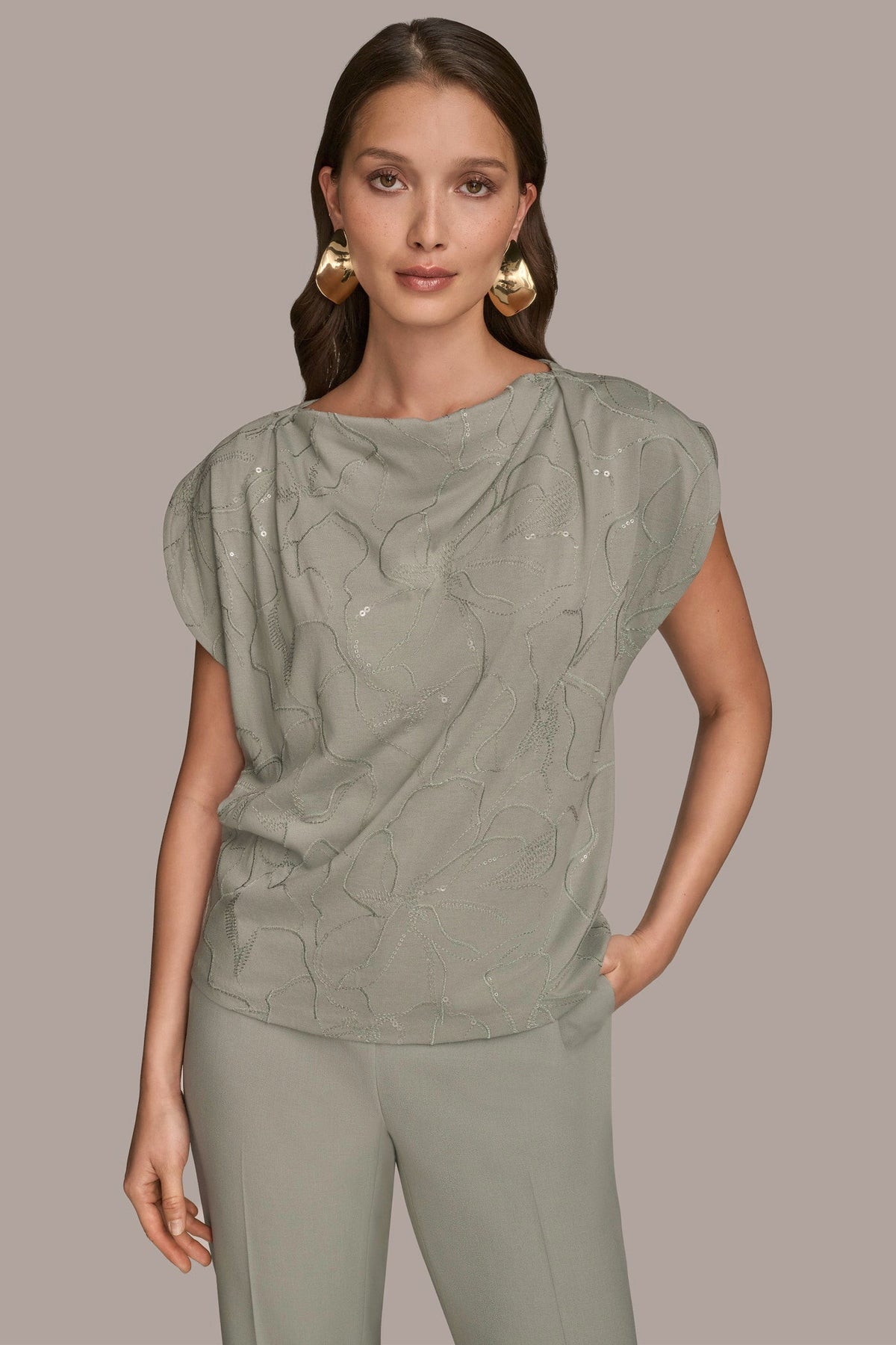Donna Karan | SHORT SLEEVE COWL-NECK SEQUIN TOP