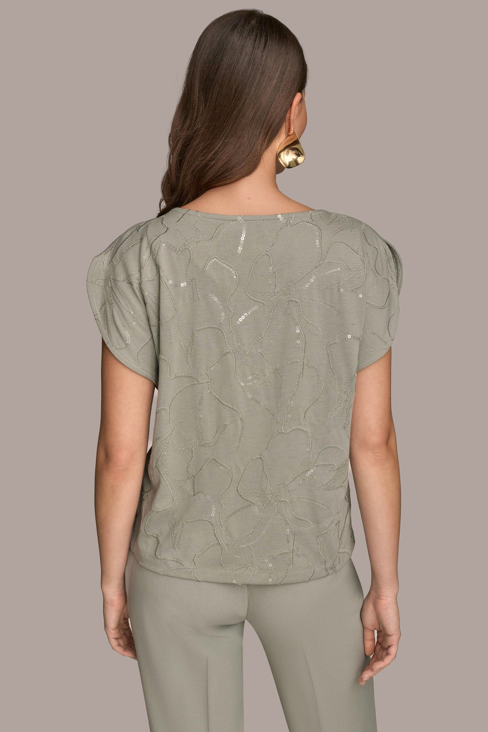 Donna Karan | SHORT SLEEVE COWL-NECK SEQUIN TOP