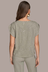 Donna Karan | SHORT SLEEVE COWL-NECK SEQUIN TOP