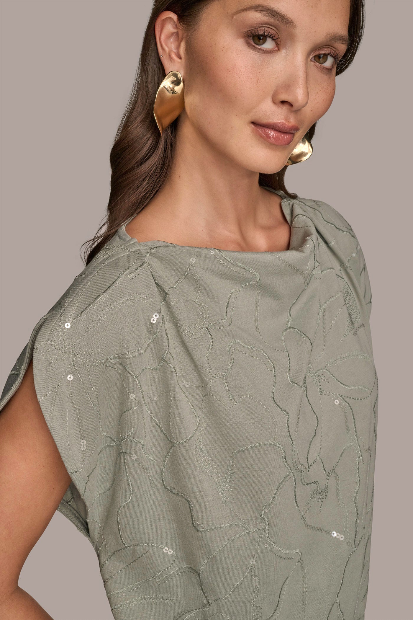 Donna Karan | SHORT SLEEVE COWL-NECK SEQUIN TOP