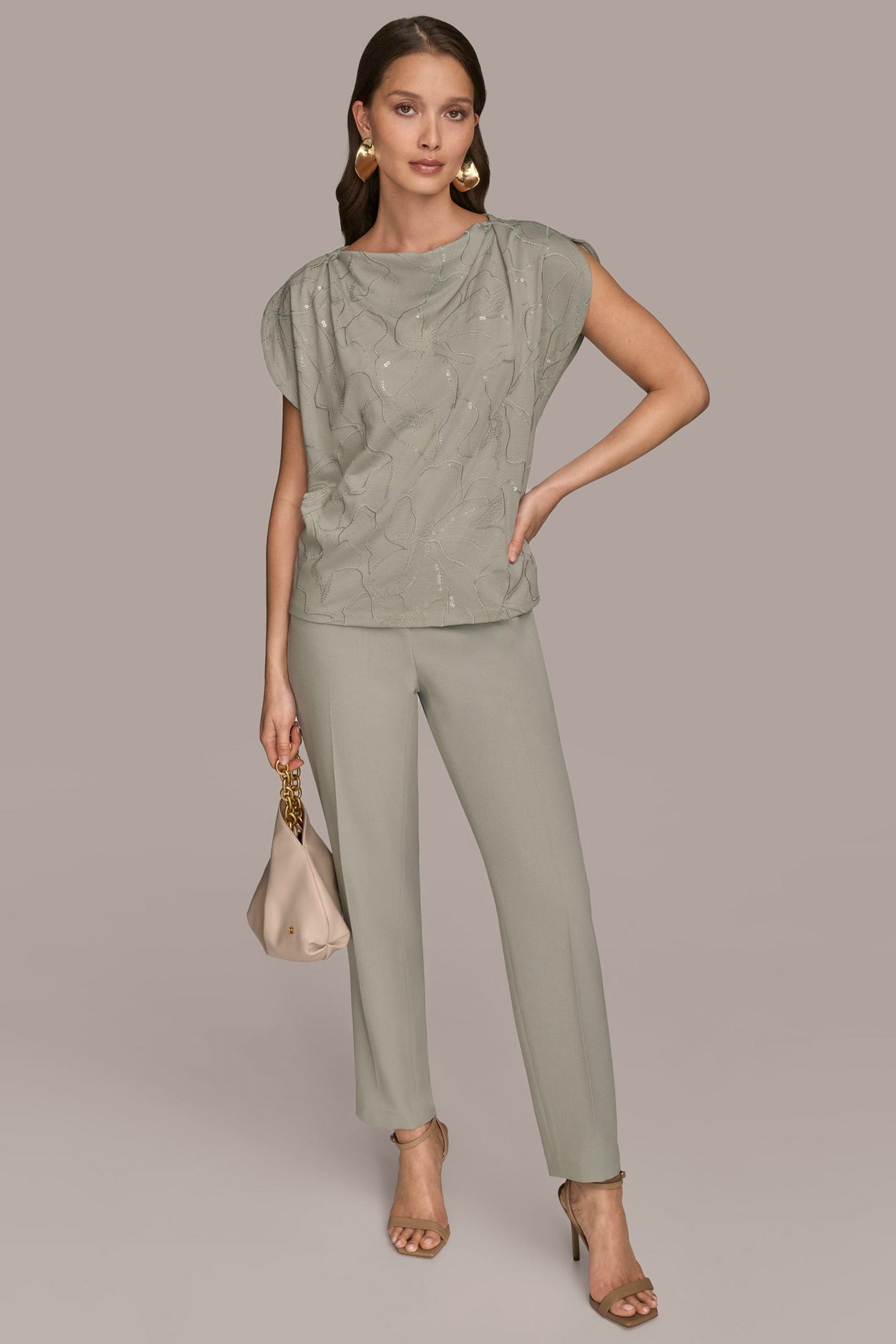 Donna Karan | SHORT SLEEVE COWL-NECK SEQUIN TOP