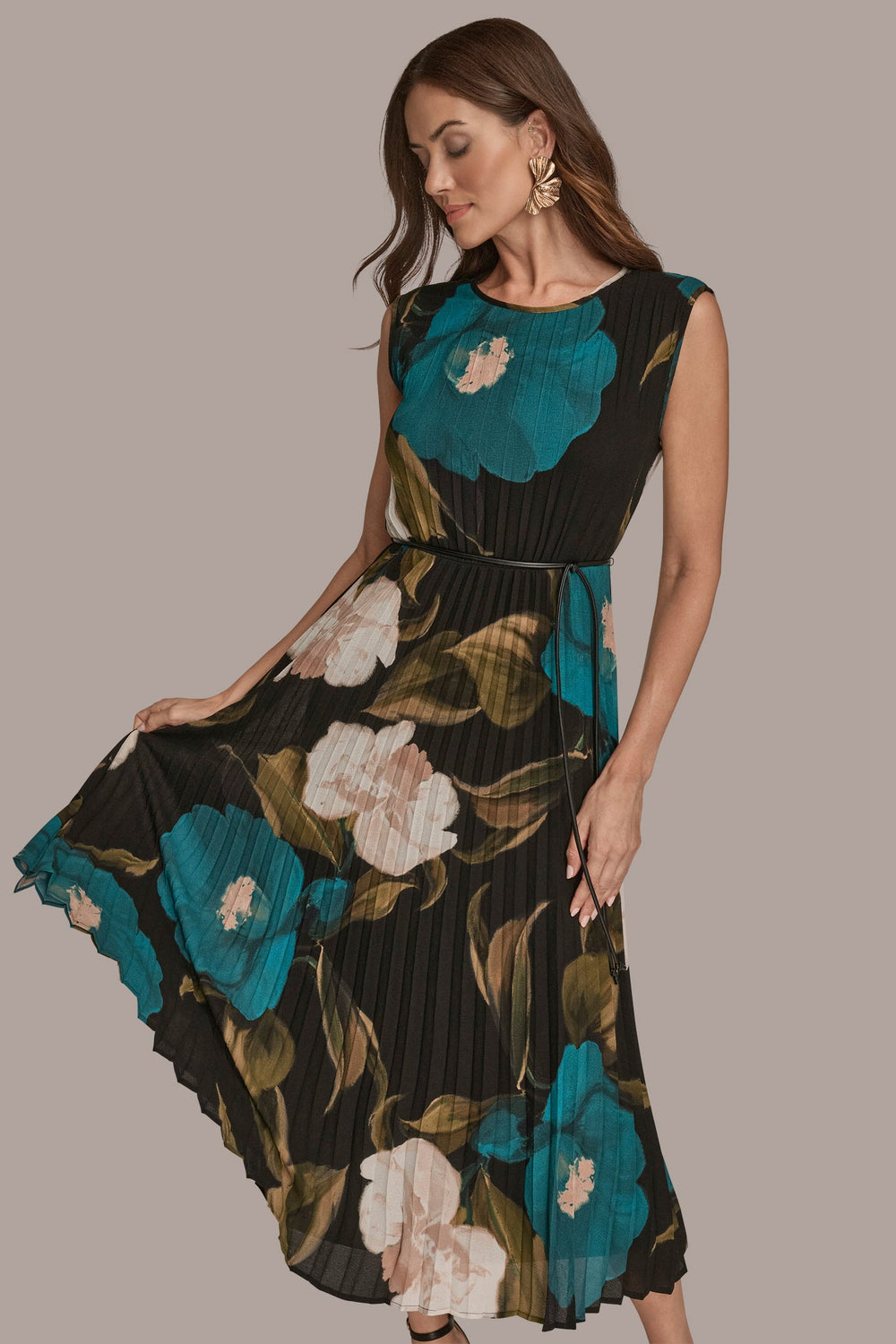Donna Karan | CHIFFON FLORAL PLEATED MAXI DRESS