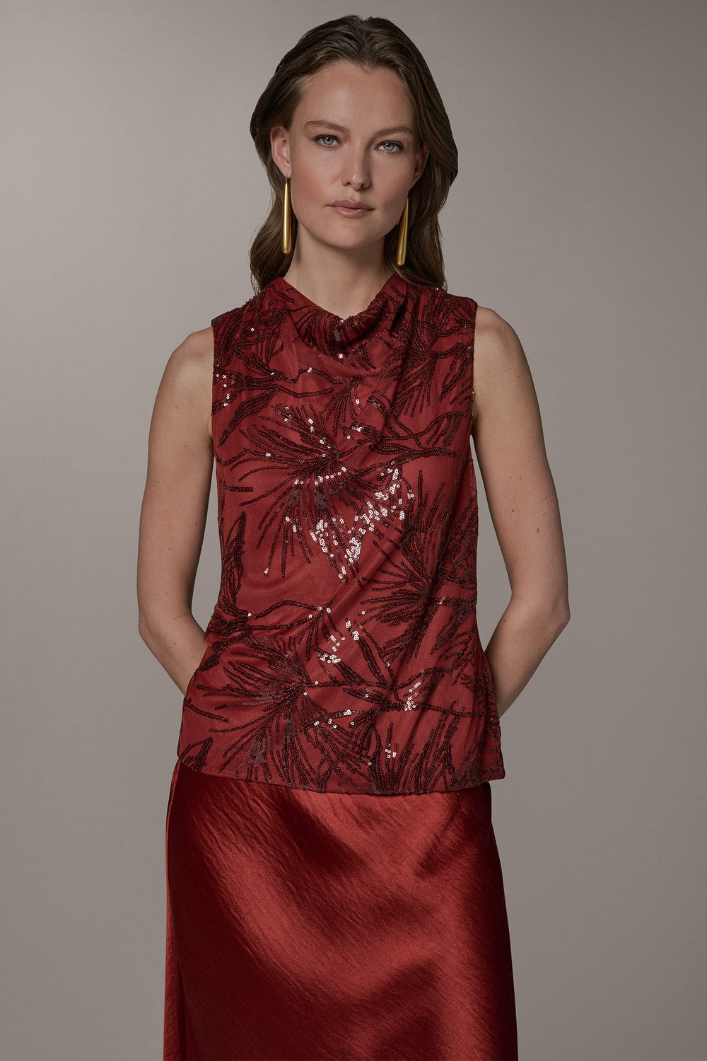 Donna Karan | SLEEVELESS COWL NECK SEQUIN BLOUSE