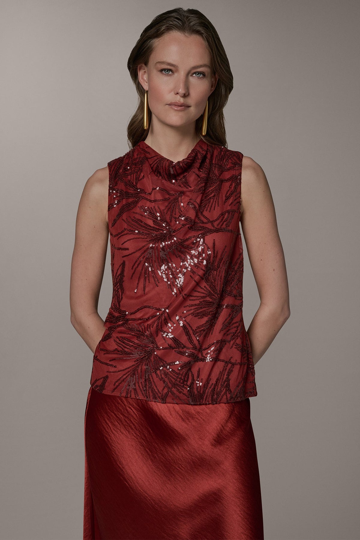 Donna Karan | SLEEVELESS COWL NECK SEQUIN BLOUSE