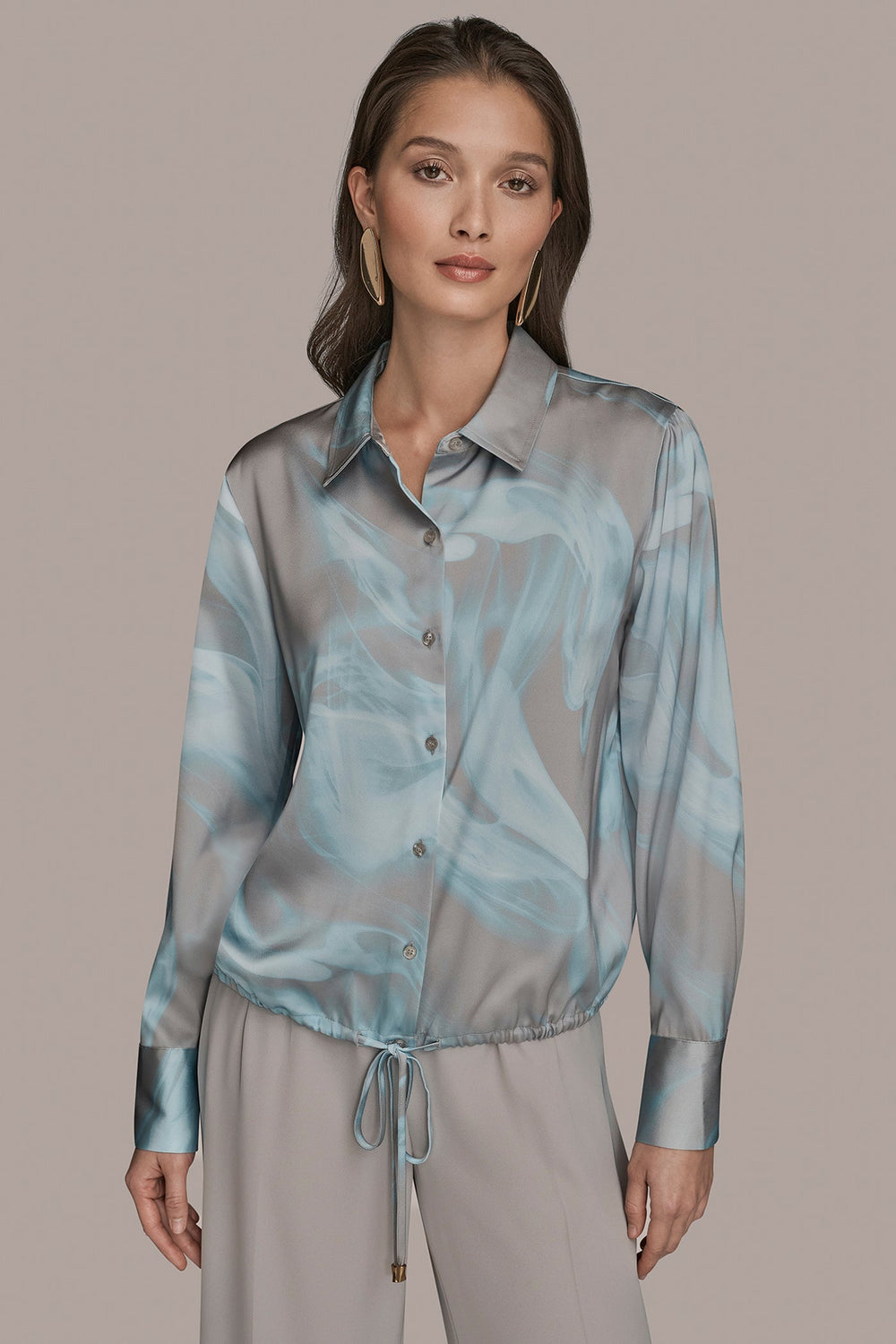 Donna Karan | LONG-SLEEVE PRINTED DRAWSTRING BLOUSE