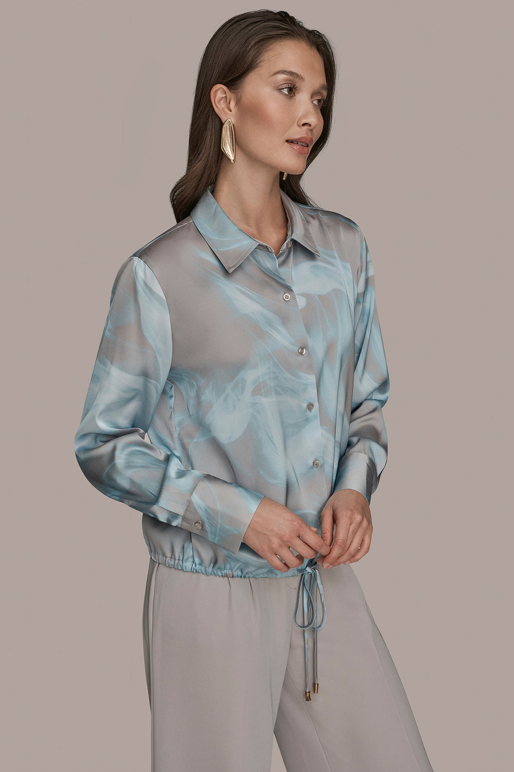 Donna Karan | LONG-SLEEVE PRINTED DRAWSTRING BLOUSE