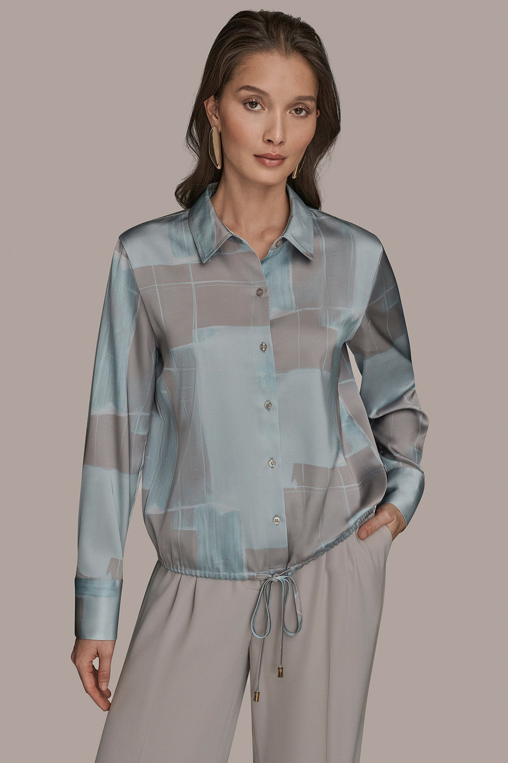 Donna Karan | LONG-SLEEVE PRINTED DRAWSTRING BLOUSE