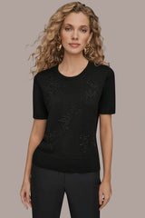Donna Karan | SHORT-SLEEVE FLORAL WOOL SWEATER