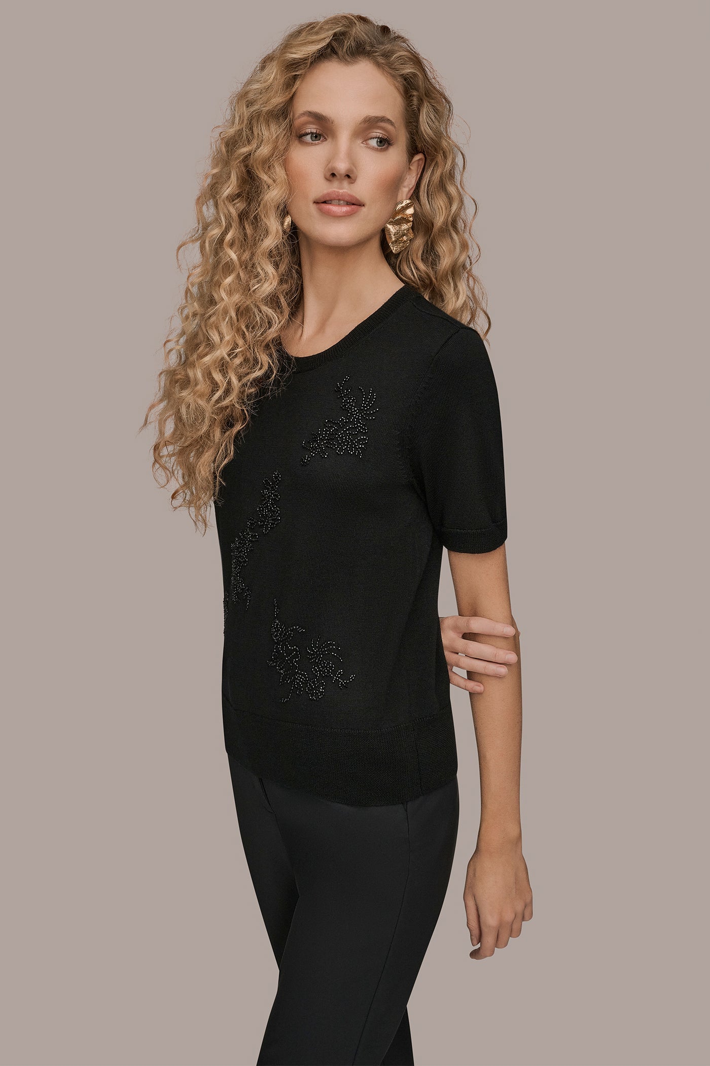 Donna Karan | SHORT-SLEEVE FLORAL WOOL SWEATER